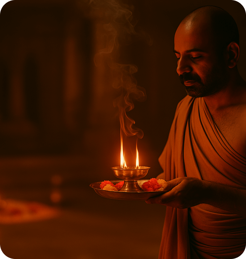 Spiritual practitioner in traditional saffron robes holding a diya lamp